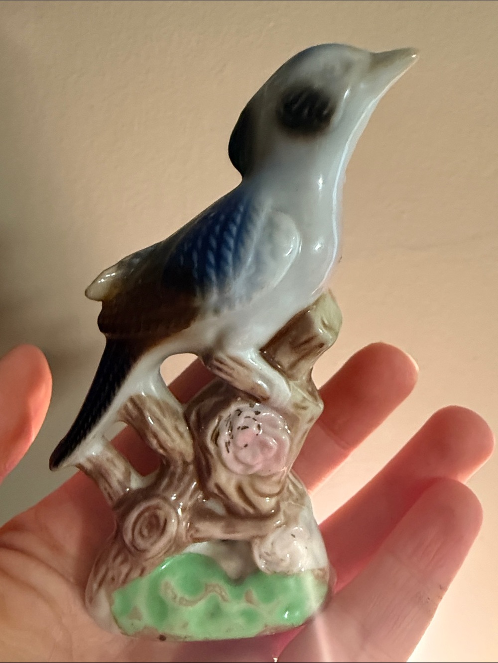 Vintage Japan Porcelain Blue Bird / Kingfisher on Tree Trunk Figurine